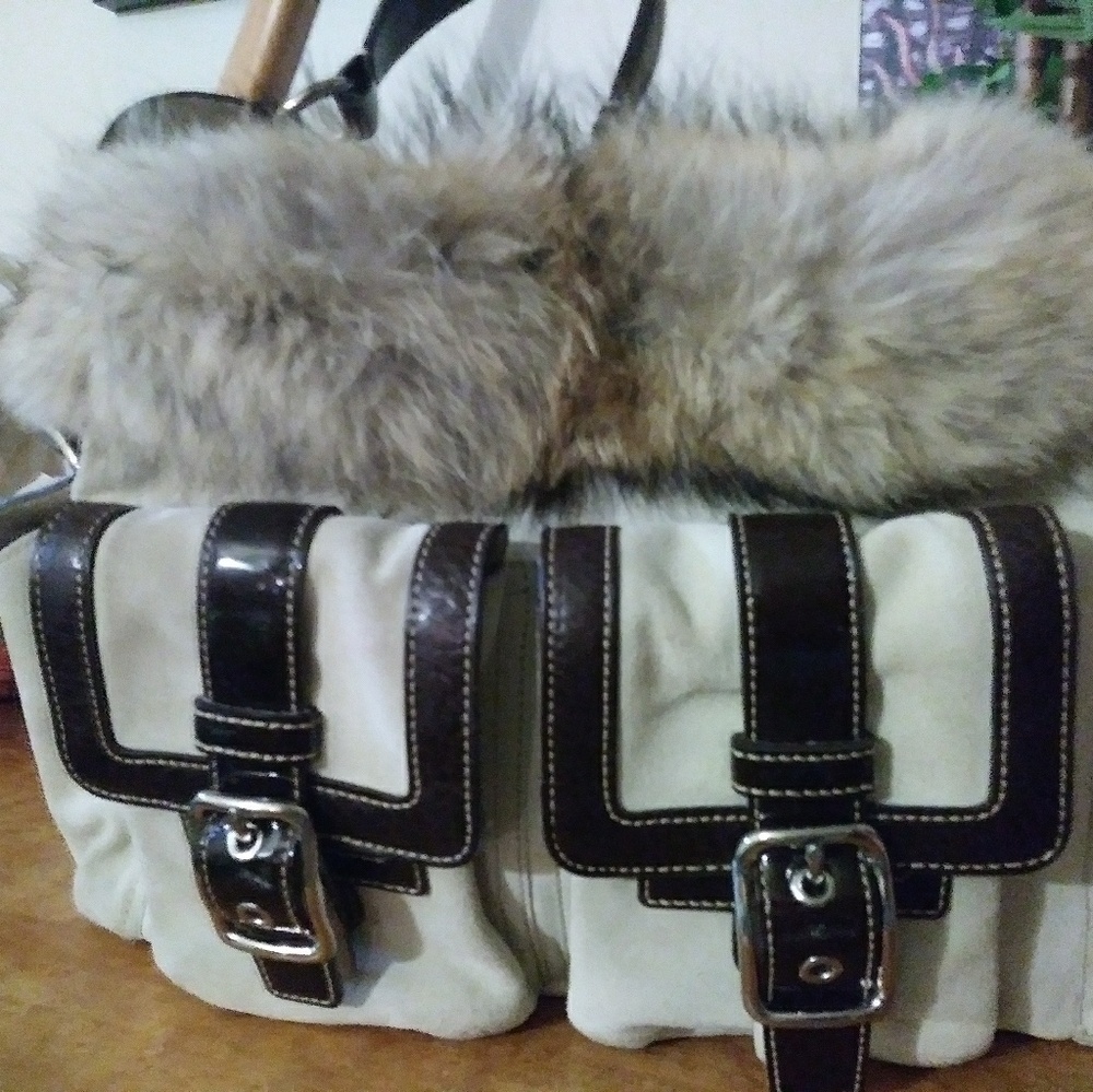Coach fox fur and suede leather satchel